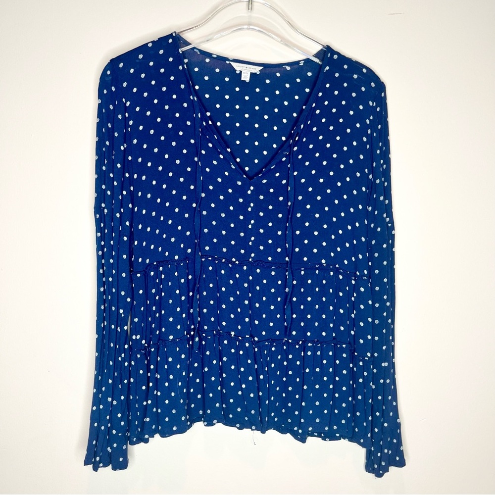 Lucky Brand Navy Blue White Polka Dot Split Neck Tiered Blouse Size M